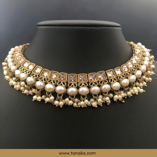 Golden Traditional Necklace Set - Antique Gold - Necklace Set