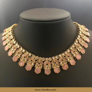 Baby Pink Traditional Necklace Set - Antique Gold - Necklace Set