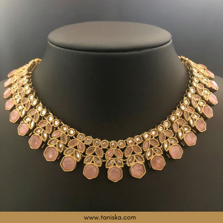 Baby Pink Traditional Necklace Set - Antique Gold - Necklace Set