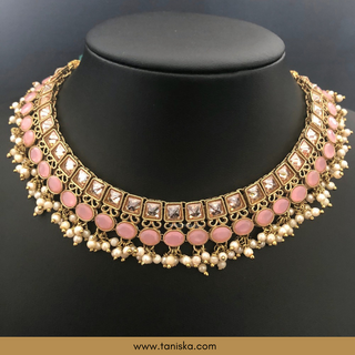 Baby Pink Traditional Necklace Set - Antique Gold - Necklace Set