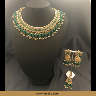 Emerald Green Traditional Necklace Set - Antique Gold - Necklace Set