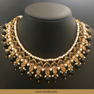 Midnight Black Traditional Necklace Set - Antique Gold - Necklace Set