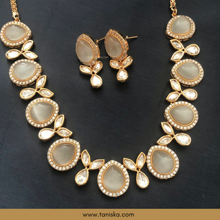 White Kundan Traditional Necklace Set - Antique Gold - Necklace Set