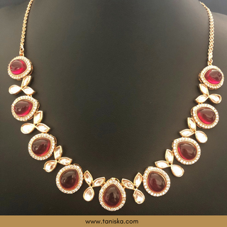 Ruby Red Kundan Traditional Necklace Set - Antique Gold - Necklace Set