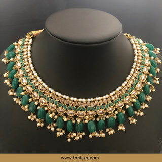 Emerald Green Traditional Necklace Set - Antique Gold - Necklace Set