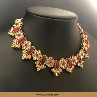 Ruby Traditional Necklace Set - Antique Gold - Necklace Set