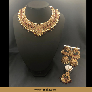 Maroon Traditional Necklace Set - Antique Gold - Necklace Set
