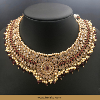 Maroon Traditional Necklace Set - Antique Gold - Necklace Set