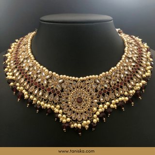 Maroon Traditional Necklace Set - Antique Gold - Necklace Set