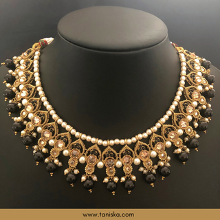 Midnight Black Traditional Necklace Set - Antique Gold - Necklace Set