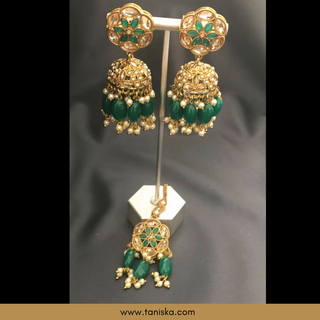 Emerald Green Traditional Necklace Set - Antique Gold - Necklace Set