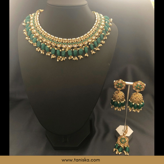 Emerald Green Traditional Necklace Set - Antique Gold - Necklace Set