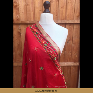 The Royal Crimson Star Phulkari Dupatta - Punjabi Phulkari Dupatta