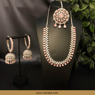 American Diamond Style Necklace Set - Silver/Baby Pink - Necklace Set
