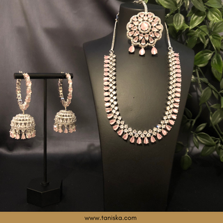 American Diamond Style Necklace Set - Silver/Baby Pink - Necklace Set