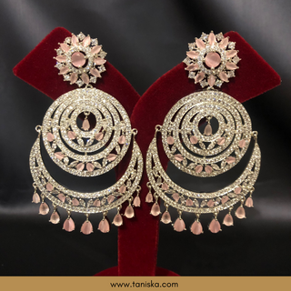 NO TIKKA - American Diamond Style Cubic Zirconia Statement Earring & Tikka Set - Silver/Baby Pink