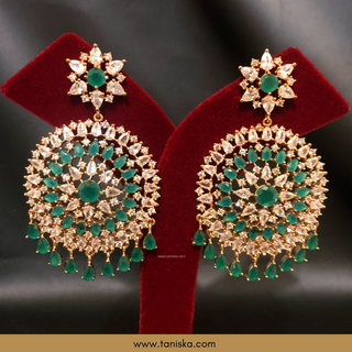 American Diamond Style Cubic Zirconia Statement Earring & Tikka Set - Emerald Green/Rose Gold