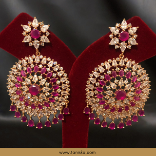American Diamond Style Cubic Zirconia Statement Earring & Tikka Set - Hot Pink/Rose Gold