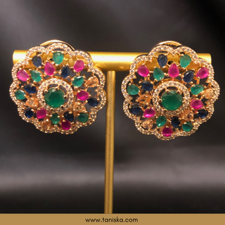 American Diamond Style Earring & Tikka Set - Multi / Rose Gold