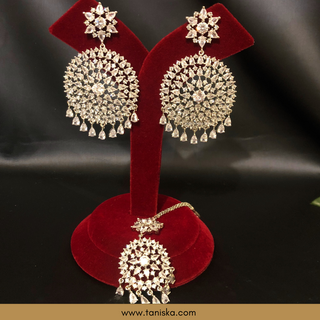 American Diamond Style Cubic Zirconia Statement Earring & Tikka Set - Silver