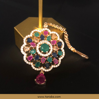 American Diamond Style Earring & Tikka Set - Multi / Rose Gold