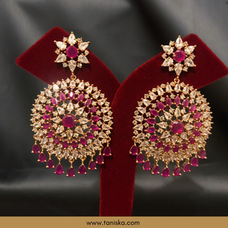 American Diamond Style Cubic Zirconia Statement Earring & Tikka Set - Hot Pink/Rose Gold