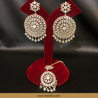 American Diamond Style Cubic Zirconia Statement Earring & Tikka Set - Silver