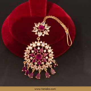 American Diamond Style Cubic Zirconia Statement Earring & Tikka Set - Hot Pink/Rose Gold
