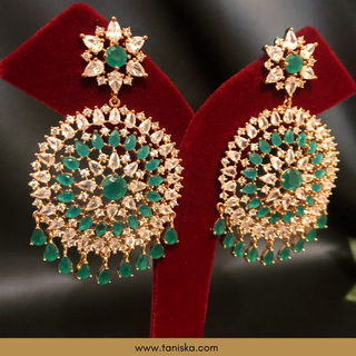 American Diamond Style Cubic Zirconia Statement Earring & Tikka Set - Emerald Green/Rose Gold
