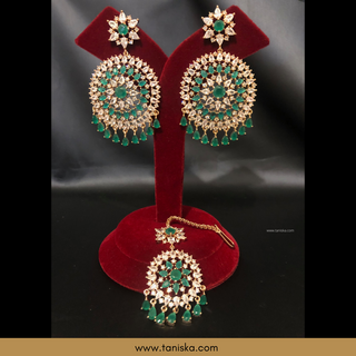 American Diamond Style Cubic Zirconia Statement Earring & Tikka Set - Emerald Green/Rose Gold
