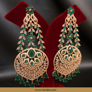 American Diamond Style Cubic Zirconia Statement Earring & Tikka Set - Gold Plated / Emerald Green