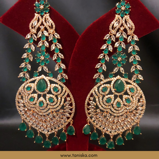 American Diamond Style Cubic Zirconia Statement Earring & Tikka Set - Gold Plated / Emerald Green