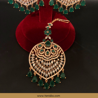 American Diamond Style Cubic Zirconia Statement Earring & Tikka Set - Gold Plated / Emerald Green