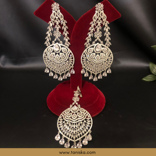 American Diamond Style Cubic Zirconia Statement Earring & Tikka Set - Silver Plated