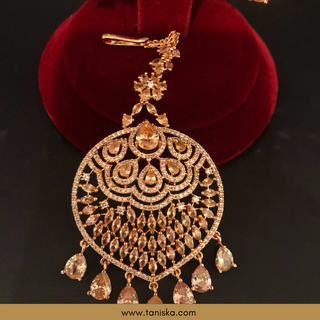 American Diamond Style Cubic Zirconia Statement Earring & Tikka Set - Rose Gold Plated