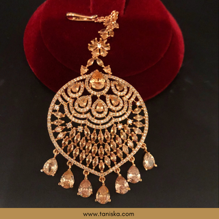 American Diamond Style Cubic Zirconia Statement Earring & Tikka Set - Rose Gold Plated