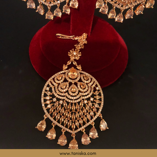American Diamond Style Cubic Zirconia Statement Earring & Tikka Set - Rose Gold Plated