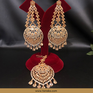 American Diamond Style Cubic Zirconia Statement Earring & Tikka Set - Rose Gold Plated