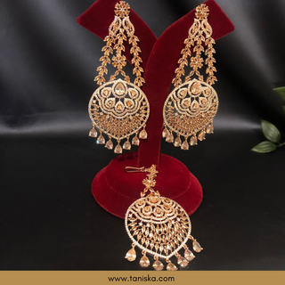 American Diamond Style Cubic Zirconia Statement Earring & Tikka Set - Rose Gold Plated