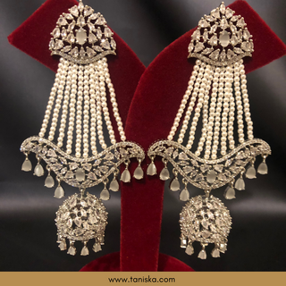 American Diamond Style Cubic Zirconia Statement Earring & Tikka Set - Misty Grey / Silver