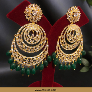 American Diamond Style Cubic Zirconia Statement Earring & Tikka Set - Gold Plated / Emerald Green