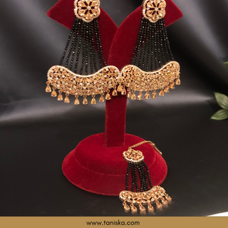 American Diamond Style Statement Earring & Tikka Set - Rose Gold & Navy