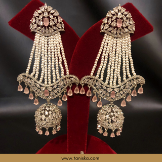 American Diamond Style Cubic Zirconia Statement Earring & Tikka Set - Baby Pink / Silver