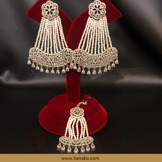 American Diamond Style Statement Earring & Tikka Set - Silver/Clear