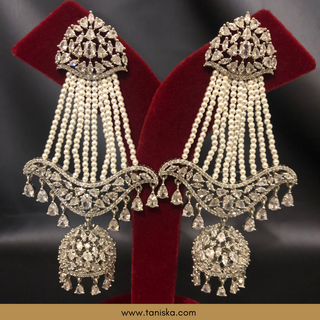 American Diamond Style Cubic Zirconia Statement Earring & Tikka Set - Silver