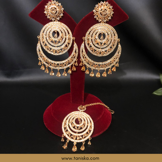 American Diamond Style Cubic Zirconia Statement Earring & Tikka Set - Rose Gold