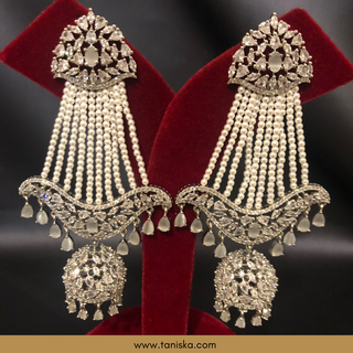 American Diamond Style Cubic Zirconia Statement Earring & Tikka Set - Misty Grey / Silver