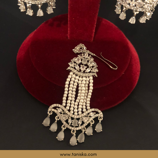 American Diamond Style Cubic Zirconia Statement Earring & Tikka Set - Misty Grey / Silver