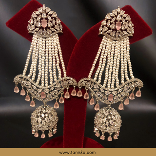 American Diamond Style Cubic Zirconia Statement Earring & Tikka Set - Baby Pink / Silver