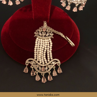 American Diamond Style Cubic Zirconia Statement Earring & Tikka Set - Baby Pink / Silver